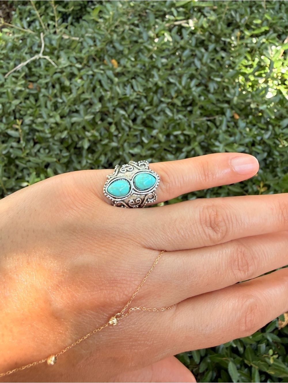 Turquoise Double-Stone Silver Statement Ring SIZE: 6 - Picture 7 of 8